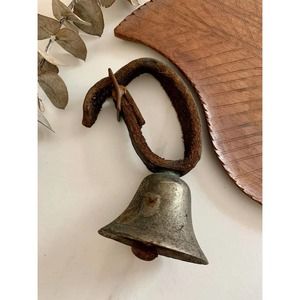 Vintage metal goat bell with leather strap barn find as is